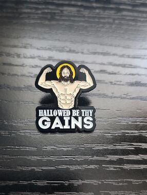Hallowed Be Thy Gains Enamel Pin - Muscular Jesus Design